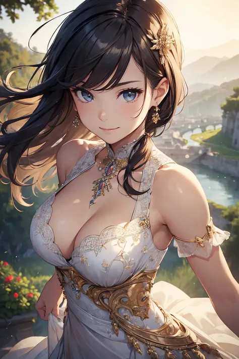 ((top quality)),((masterpiece)),((perfect face)),(ultra-detailed), sharp focus,  depth of field, cinematic lighting, detailed outfit, rich in details and textures, 
kawaii,cute,beautiful,cool, Healthy smile, 
Clavicles, cleavage, leaning forward, 
dynamic ...