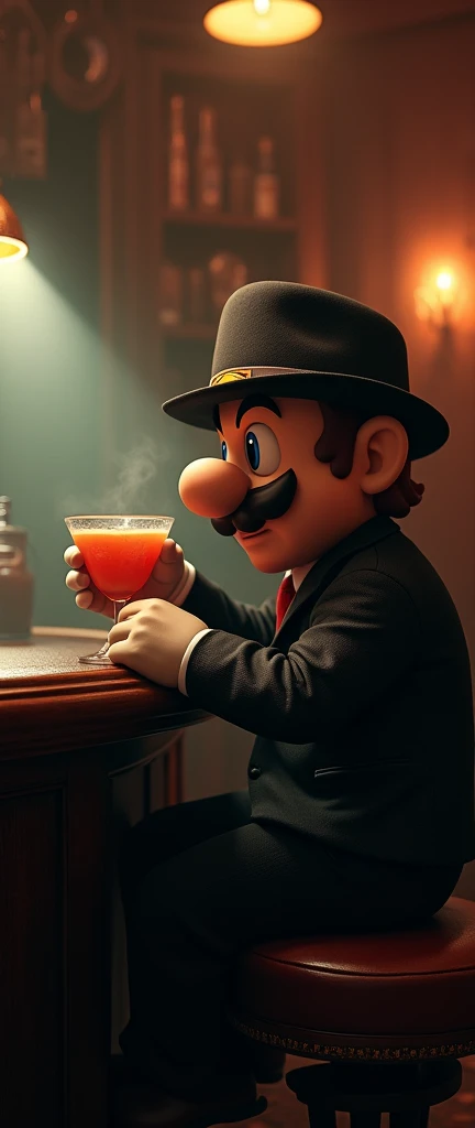 Nintendo super mario in a 1940s chicago bar, wearing a dark suit and fedora hat, drinking a cocktail, photorealistic,highly detailed,intricate lighting and shadows,cinematic,dramatic, moody atmosphere, film noir style