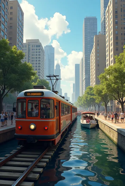 create an image of a train on tracks and a boat mixing the background environment with a city in the interior of São Paulo .All with the passengers waving like they were tourists. Realistic and maximum quality image.