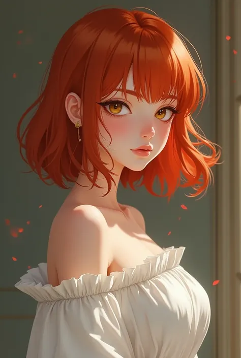 The red-haired girl is not wearing white clothes and has a good chest.