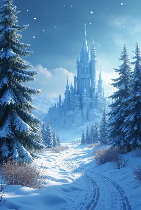 Magic place, Frozen castle in the background on the left, snow path, pine trees around, starry sky