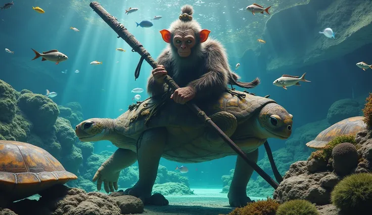 There is a large aquarium，There are many different kinds of fish in it, (And turtles,coral,Sun Wukong and Zhu Bajie holding weapons in Journey to the West),seabed environment, Underwater scenery, Underwater landscape, Underwater scene, Underwater environme...