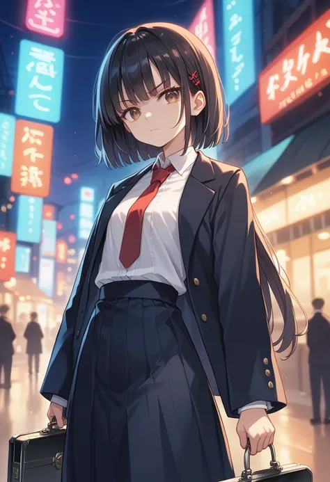 Young anime girl, with long straight black hair and bangs, warm brown eyes and fair skin, dressed in a dark formal uniform consisting of a black jacket, red tie and skirt, holding with both hands a black briefcase in front of her, standing in a modern city...