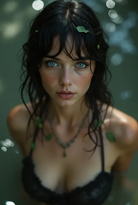 (Realystic:1.4), analog photo style, depths of field, (dark-haired Lightfoot Halfling with blue eyes, wearing a linen shirt), (small leaves and insects got tangled in wet hair), wide waist, (her full body is a visual pleasure), view from above, extremely s...