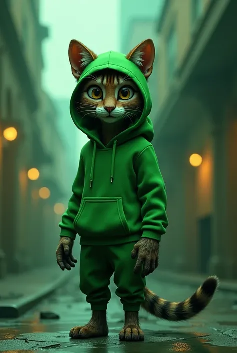 detailed 3D render of an animated feline character, highly detailed facial features, green urban-style clothing, striking pose, cinematic lighting, photorealistic, 8k, best quality, masterpiece