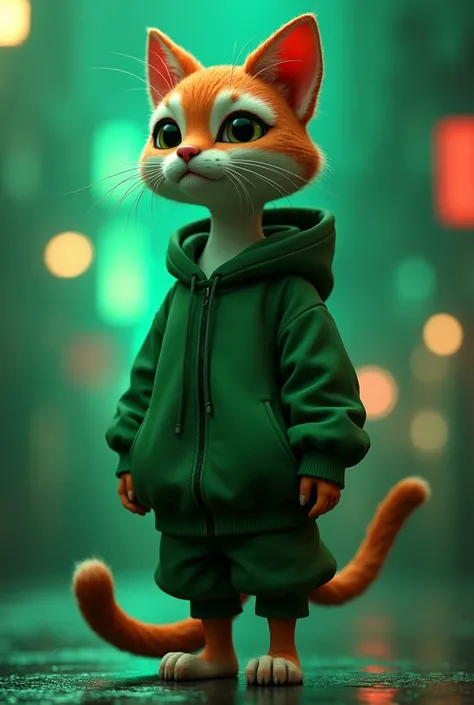 detailed 3D render of an animated feline character, highly detailed facial features, green urban-style clothing, striking pose, cinematic lighting, photorealistic, 8k, best quality, masterpiece