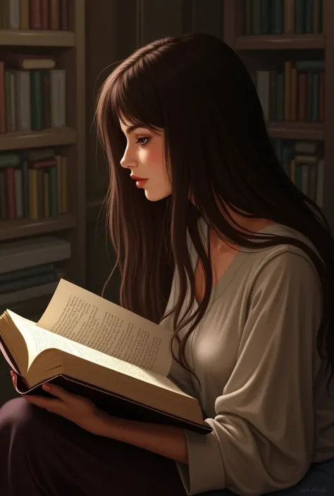 realistic long haired woman, straight and dark brown sitting in profile reading a book