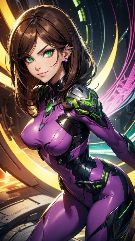 masterpiece, highest quality, (solo focus), (perfect face:1.1), (full body), (high detail:1.1), (hyper detailed eyes), 1girl, dramatic, bright green eyes, solo, arrogant expression, neon purple cybernetic outfit, art by artgerm, cinematic lighting, fashion...