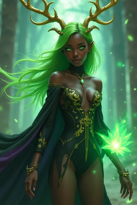 prismatic coloration, holographic environment, young African girl, Deep black skin, Beautiful, elven ears, Judgmental glare, Neon green hair, Heterochromia with deep one eye green & one eye Gold, C-cup breasts, lithe, fit, form-fitting bodysuit with a deep...