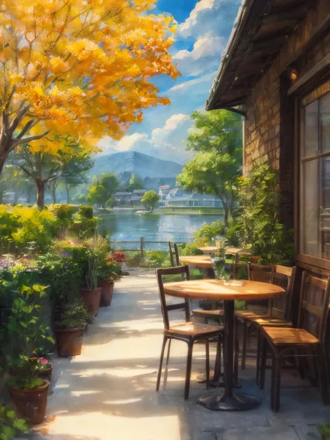 Prompt: 3:4, 1girl, best quality, front view of the coffee shop,A cozy, charming café with an inviting atmosphere. The café has a blue exterior with a rustic wooden door and large windows displaying the interior. The building is surrounded by lush greenery...