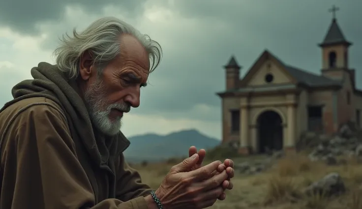 Elderly man with a sad face with his hands raised in the cloudy weather, style of Johns time from the Bible, in the background, a destroyed house
