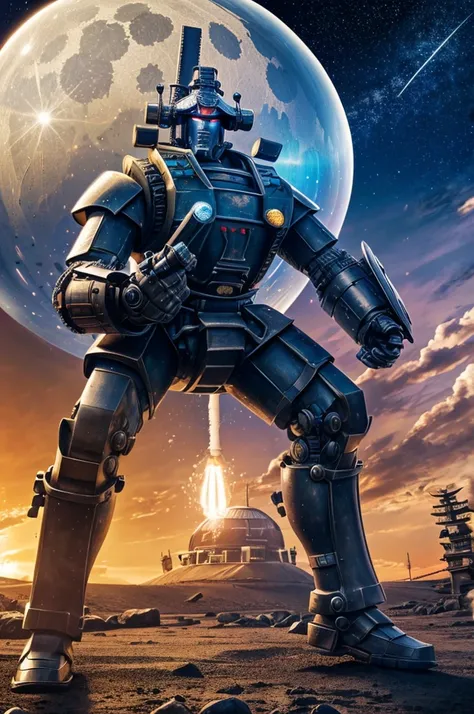 A giant robot (samurai theming, head has helmet styling and a large bubble dome cockpit), lunar surface, stars in back ground, action pose, shooting a rocket fist at viewer connected to mech via chain
