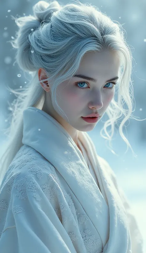 Snow Woman、pure white kimono、White skin、Gray Hair、In a snowstorm、1 Japan Female, solo, High resolution, chest, Gaze, smile, Hair that hides one eye, blue eyes, Angry, Frowning, Take a closer look, High resolution, masterpiece, Anatomically correct, Highest...