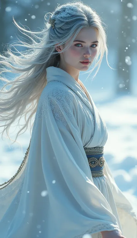 Snow Woman、pure white kimono、White skin、Gray Hair、In a snowstorm、1 Japan Female, solo, High resolution, chest, Gaze, smile, Hair that hides one eye, blue eyes, Angry, Frowning, Take a closer look, High resolution, masterpiece, Anatomically correct, Highest...