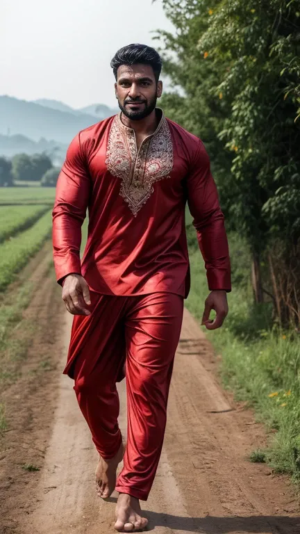 30 years old Handsome muscular HARYANVI JAAT in kurta pajama, wetty skin, running sweat on body, standing near tractors, head to thighs, huge bulge 