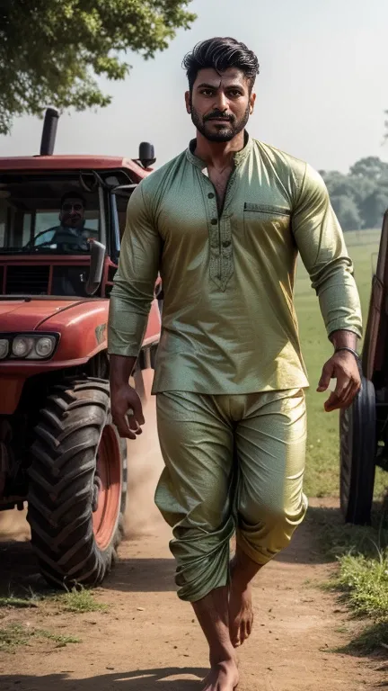 30 years old Handsome muscular HARYANVI JAAT in kurta pajama, wetty skin, running sweat on body, standing near tractors, head to thighs, huge bulge 