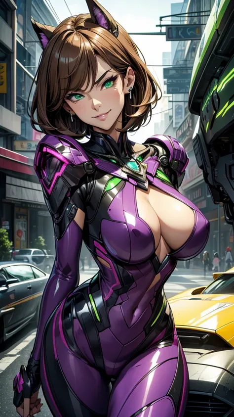 masterpiece, highest quality, (solo focus), (perfect face:1.1), (full body), (high detail:1.1), (hyper detailed eyes), 1girl, dramatic, bright green eyes, solo, arrogant expression, neon purple cybernetic outfit, art by artgerm, cinematic lighting, fashion...