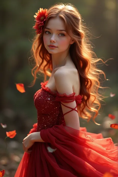 Beautuful girl dressed in a flowing crimson dress with a flower tucked behind her ear, 