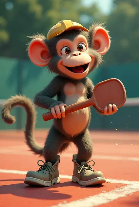 Can you make me a picture of a monkey with a mason&#39;s mixing shovel and work shoes on a paddle tennis court?