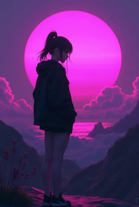 A girl with a layered body cut with black shorts, A black jacket half-pulled over his shoulders, looking at the purple sunset