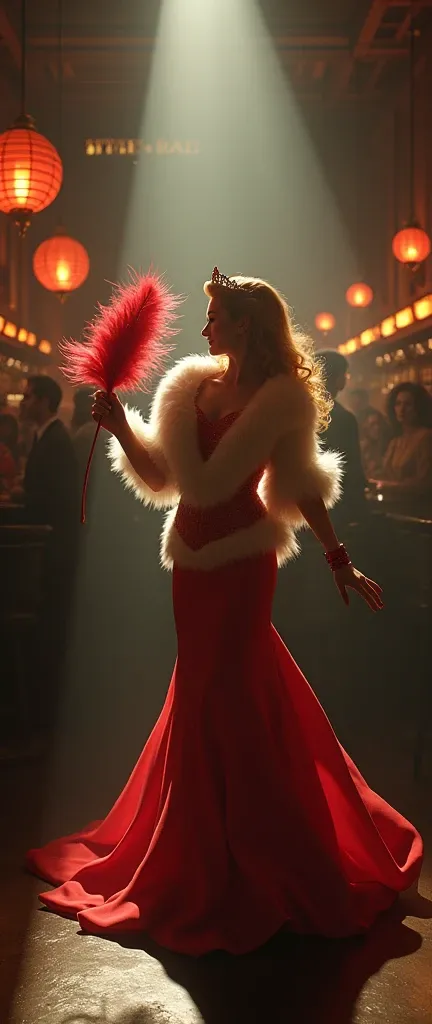 Nintendo super mario bros, princess peach  in a 1940s chicago bar, wearing a dress and faux fur coat holding feathers, dancing on stage  photorealistic,highly detailed,intricate lighting and shadows,cinematic,dramatic, moody atmosphere, film noir style