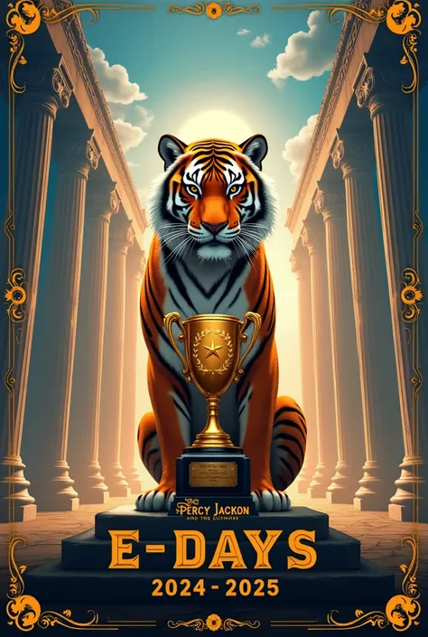 Pubmat for Engineering Days 2024
- Theme of the Poster: Percy Jackson and the Olympians
- Title Text in the Center: E-Days 2024-2025 (font type should be the same as percy jackson poster) 
- use TIGER and TROPHY as main elements
- showcase the six houses a...