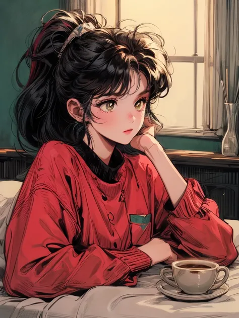 beni, solo, 1girl, yellow_pupils, black_hair, high_ponytail, red_flower_hair_ornament, Contemplating, (((background bedroom))), window, sleeping, cofee, large bedroom side, 