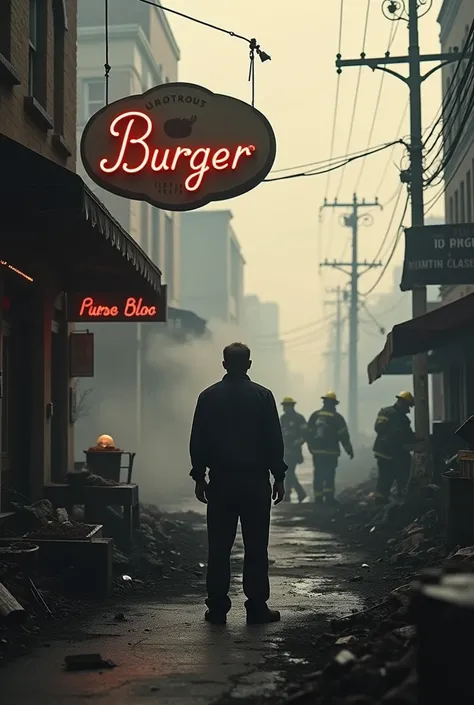 Max stands amidst the ruins of his shop, looking heartbroken. Firefighters are wrapping up, and Max watches as the last of the smoke clears from his once-thriving burger shop.