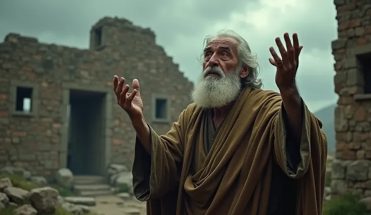 Elderly man with a sad face with his hands raised in the cloudy weather, Bible period style, in the background, ruins
