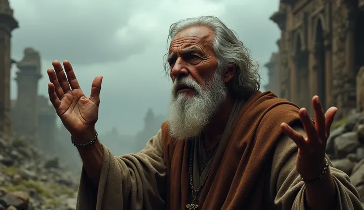 Elderly man with a sad face with his hands raised in the cloudy weather, Bible period style, in the background, ruins
