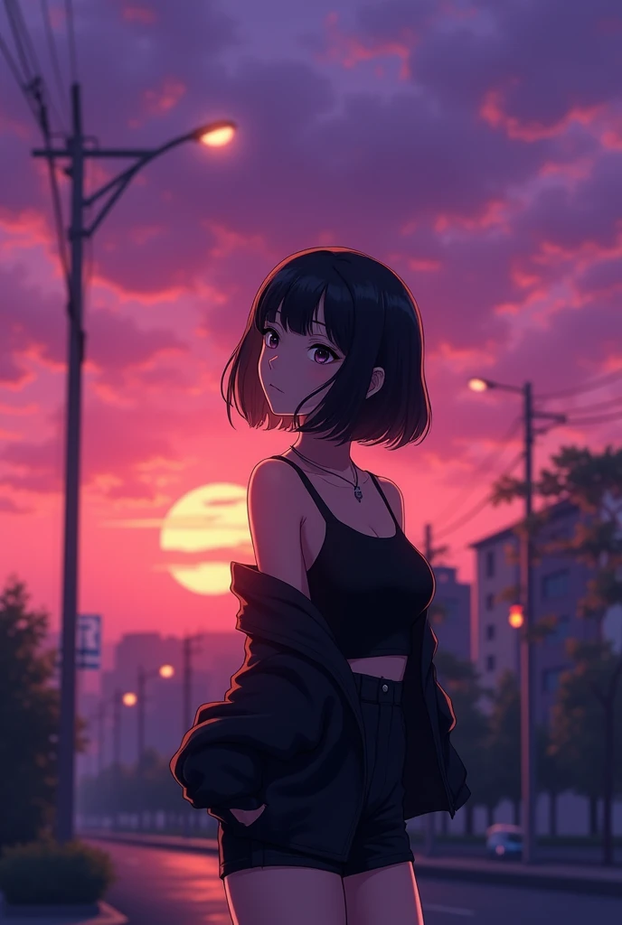 A girl with a bob haircut with black shorts, A black jacket half-pulled over his shoulders, looking at the purple sunset