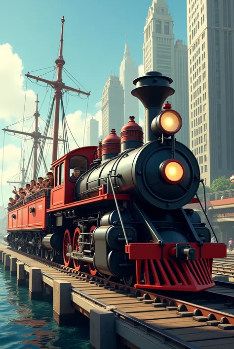 Create an image in the urban environment with a modern locomotive on rails blending with the image of a nautical vessel full of happy and waving tourists and passengers.  Very realistic and maximum quality image.