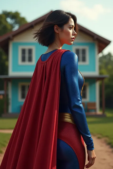 A woman with short hair, standing backwards, wearing a superman costume, standing in front of a house in Brazil.