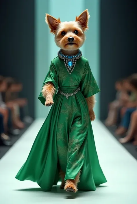 Dog in fashion show wearing a green full dress and blue diamonds in neck