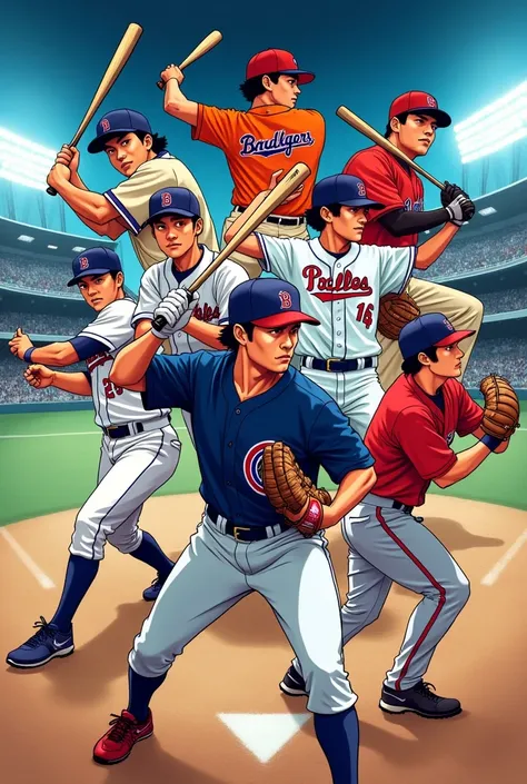 I want a dynamic Japanese manga-style illustration featuring 9 baseball players, each in an action pose of batting or pitching.