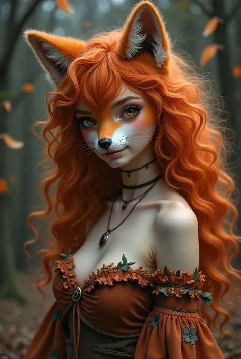 a woman with red curly hair posing for a picture, anthro wolf face, lovely dark autumn princess, color palette is dark orange, human cat hybrid, softfocus, fluffy ears, young lynx, photo of the girl, with white skin, 3/4 portrait, mana, playful, naked, ful...