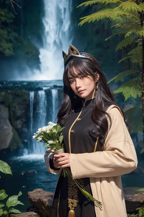 ((best quality)), Overall dark、detailed(One woman、1、Freckles on face、Brown eyes、Beautiful in every detail、Tibetan national costume、The costume is black、In front of the waterfall、Night Forest、Conifer、Moonlight、Fantasy、Are standing、Holding a vase on his head...