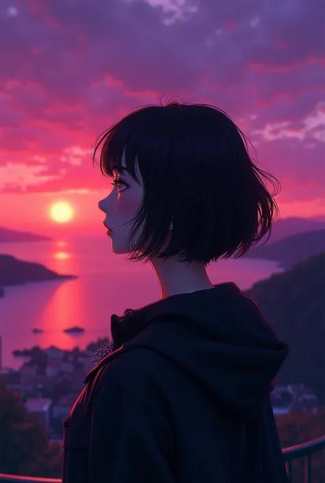 A girl with a haircut "layered bob" which is a bob with layers. Hair should be at jaw length, with layers that add movement and volume." con short negro, A black jacket half-pulled over his shoulders, looking at the purple sunset