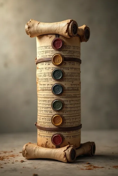 (photorealism:1.2) A scroll with seven seals, written in hebrew on the reverse, closed with seven seals, must be rolled up completely