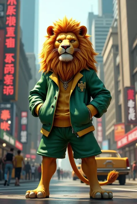 3D animated lion posing in New York dressed in green with a hip hop style 