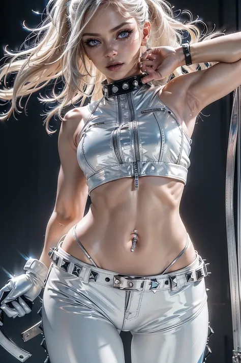 cowboy shot,a pretty 2 girl,blond hair,blue eyes,lora_Emma,slim athletic body,thin waist,(shiny ultra glossy white latex crop top),bare shoulders,(shiny ultra glossy white latex pants with multiple zippers),((long navel-piercing)),white studded collar,empt...