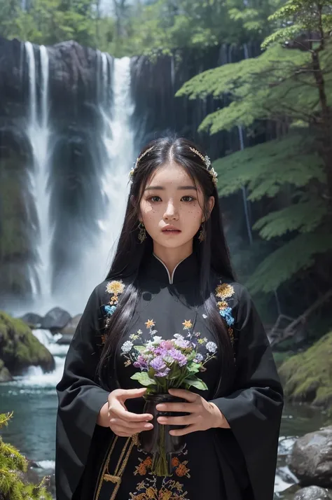 ((best quality)), Overall dark、detailed(One woman、1、Freckles on face、Brown eyes、Beautiful in every detail、Long Hair、Black Hair、Tibetan national costume、The outfit is all black、embroidery、In front of the waterfall、Night Forest、Conifer、Moonlight、Fantasy、Are ...