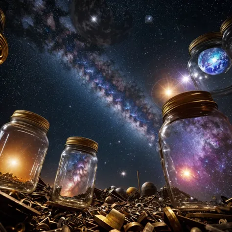 A world of scrap metals, with galaxy,star,planets, background and pant in the jar