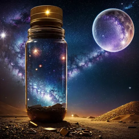 A world of scrap metals, with galaxy,star,planets, background and pant in the jar