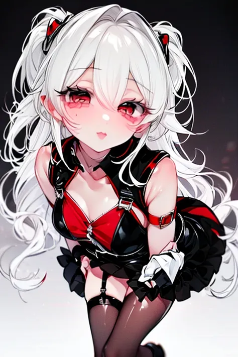 adult female,((body harness)),(corset),((GARTER BELT)),high-heels,((simple background)),ssmile,((whole body)),((whole body)),((all-body)),character sheet, Produce an anime-style image, The girl, skin black, , it has ((Red eyes)) charming. {dark-skinned} wh...