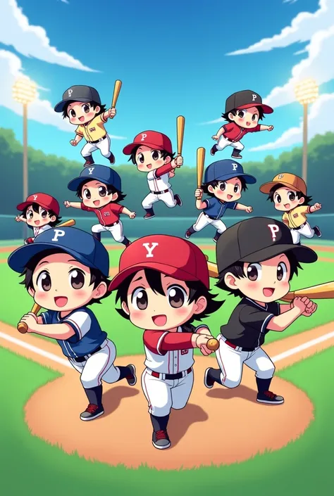 Vibrant Japanese manga-style illustration, chibi style, featuring 9 adorable baseball players each striking a batting or pitching pose.