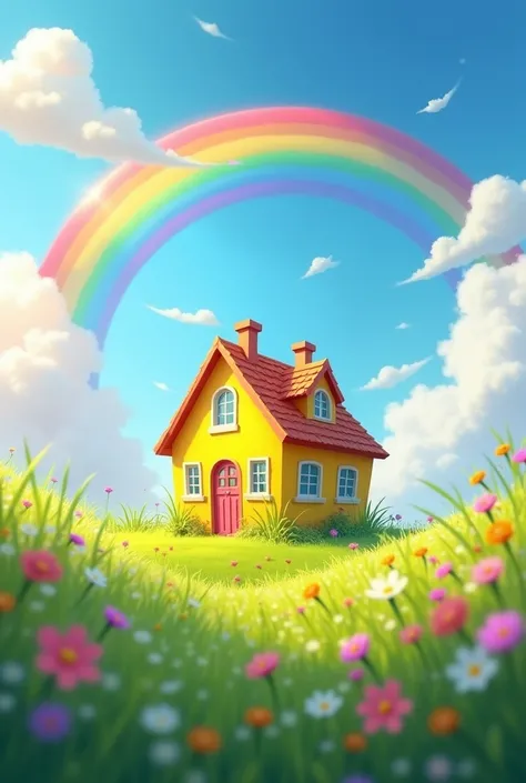 The yellow house in the meadow and behind the rainbow and clouds in the sky