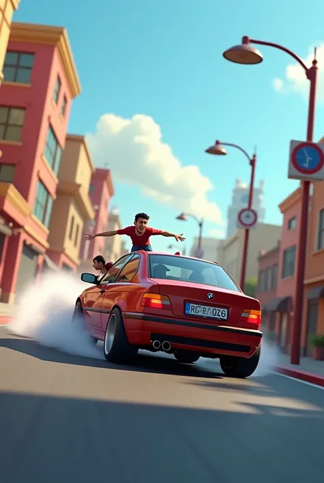 Im Stil von Pixar 3D-Animation filmen (Caricature). A BMW E46 Compact drifts through a curve and pushes people through the air with its rear end.