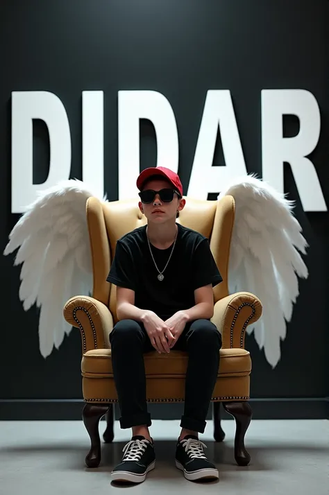 Create a 3D illusion for a Instagram profile picture where a 2 boy in a black shirt sits casually on a Wingback Chair. Wearing sneakers, a Red cricket cap, and sunglasses, he looks ahead. The background features "DIDAR" in big and capital white fonts on th...