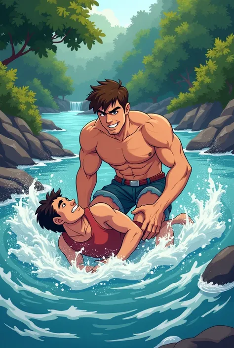 Man saving another unconscious man from drowning in a river, animated cartoon